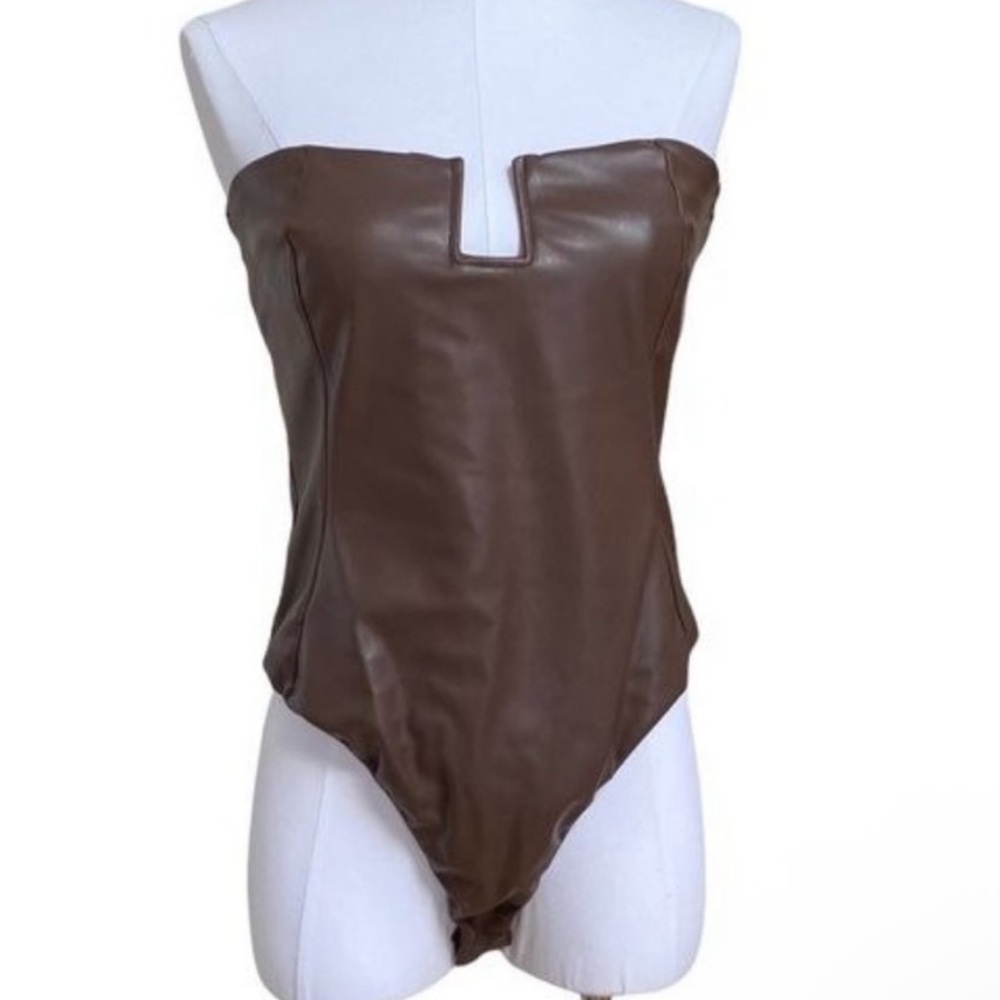 Zara brown faux leather strapless bodysuit bloggers fav body on NWT Medium - Picture 9 of 16